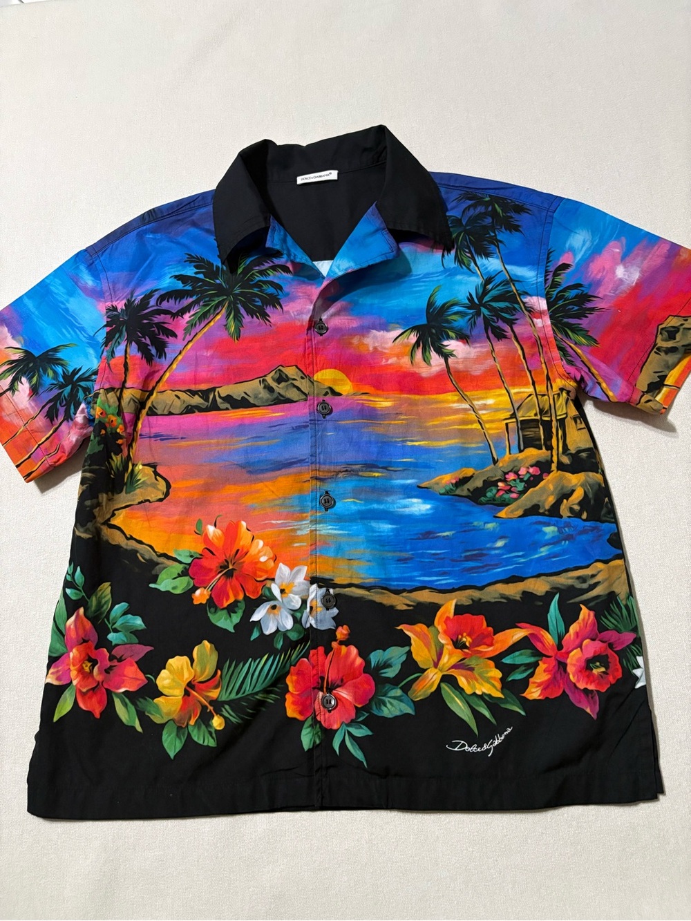 DOLCE&GABBANA PATTERNED SHIRT Tropical Sunset Hawaiian Black Multi Boy Sz 9/10